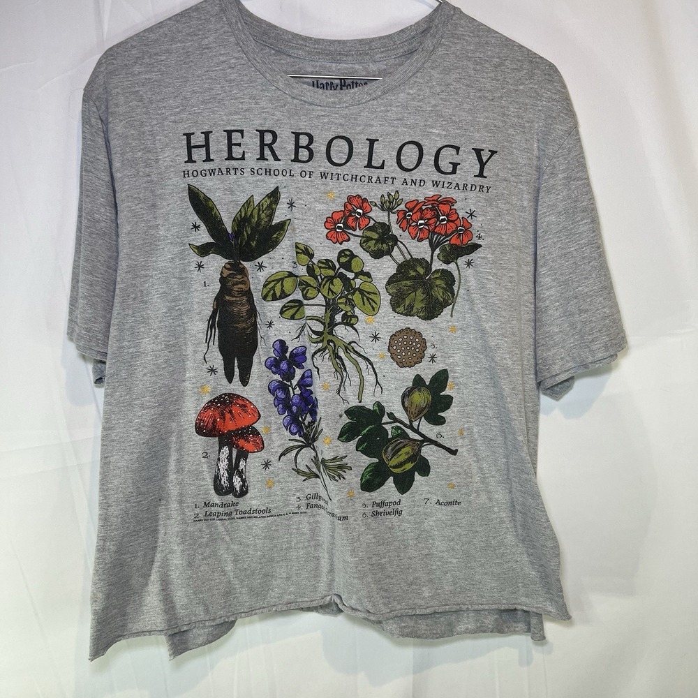 Harry Potter L Crop Top Herbology Gray Shirt Flowers Herbs Witchcraft Wizardry